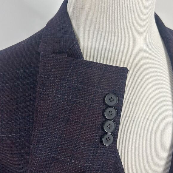 Kenneth Cole 48R Slim Fit Sport Coat Wool Blend Dark Red Plaid Two Button Vented - Picture 5 of 8